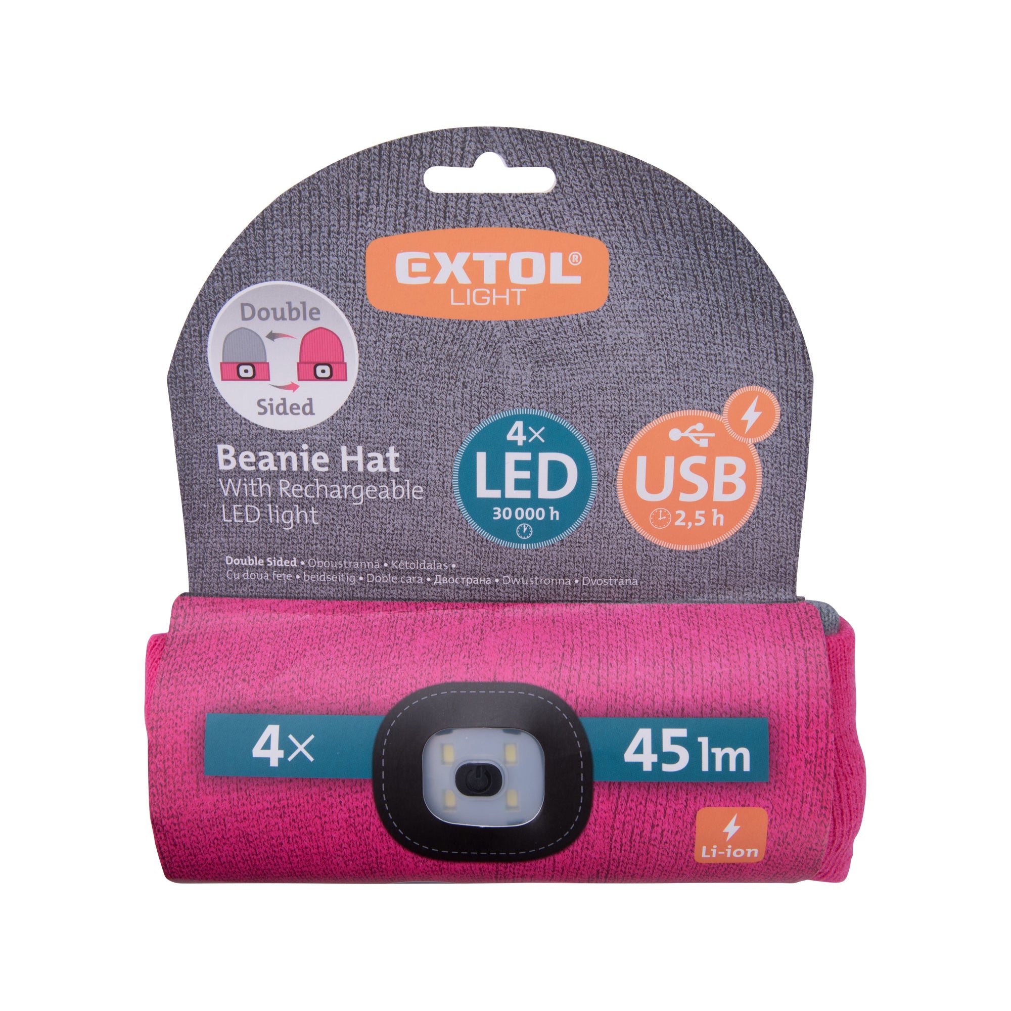 Mütze grau/pink oder pink/pink, doppelseitig mit Stirnlampe, LED 4x45lm, 300mAh Li-Ion, EXTOL