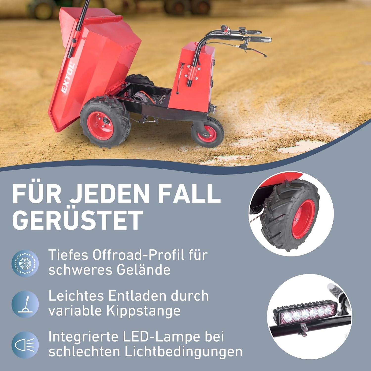 Elektrischer Dumper mit Akku, 200L Mulde, 400kg Traglast, EXTOL PREMIUM