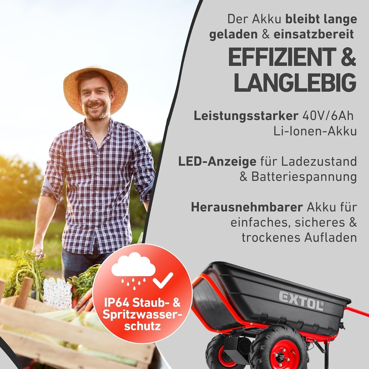 Elektrische Schubkarre mit Akku, 300kg, 300L Mulde, 40V, EXTOL PREMIUM