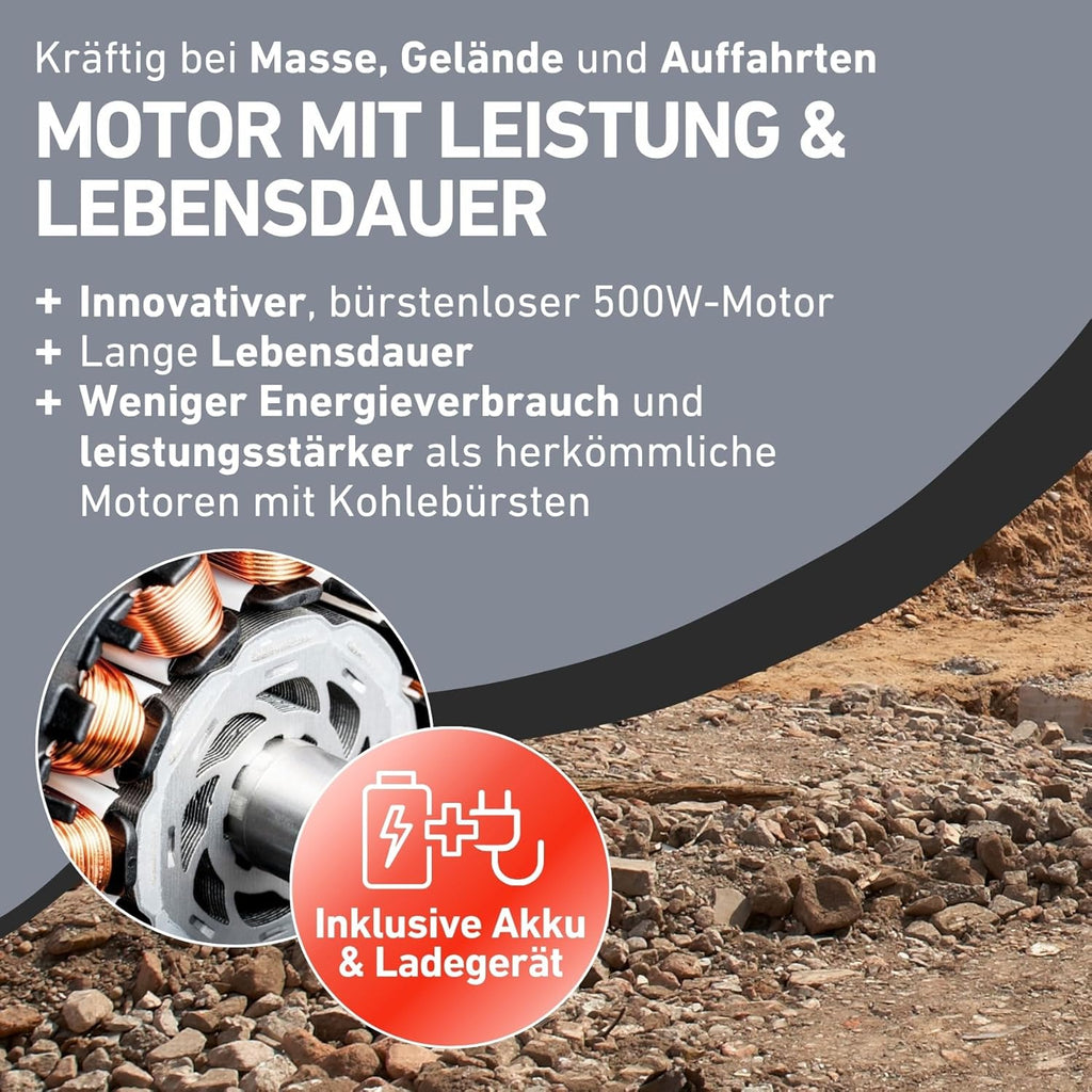 Elektrische Schubkarre mit Akku, 300kg, 300L Mulde, 40V, EXTOL PREMIUM