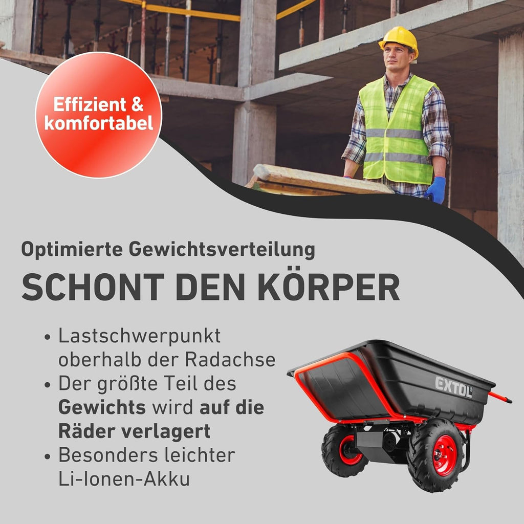 Elektrische Schubkarre mit Akku, 300kg, 300L Mulde, 40V, EXTOL PREMIUM