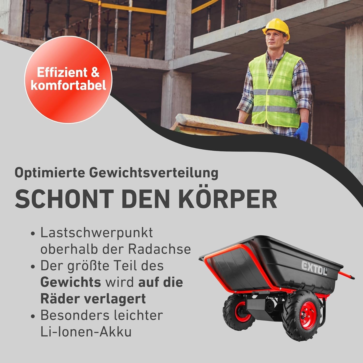 Elektrische Schubkarre mit Akku, 300kg, 300L Mulde, 40V, EXTOL PREMIUM