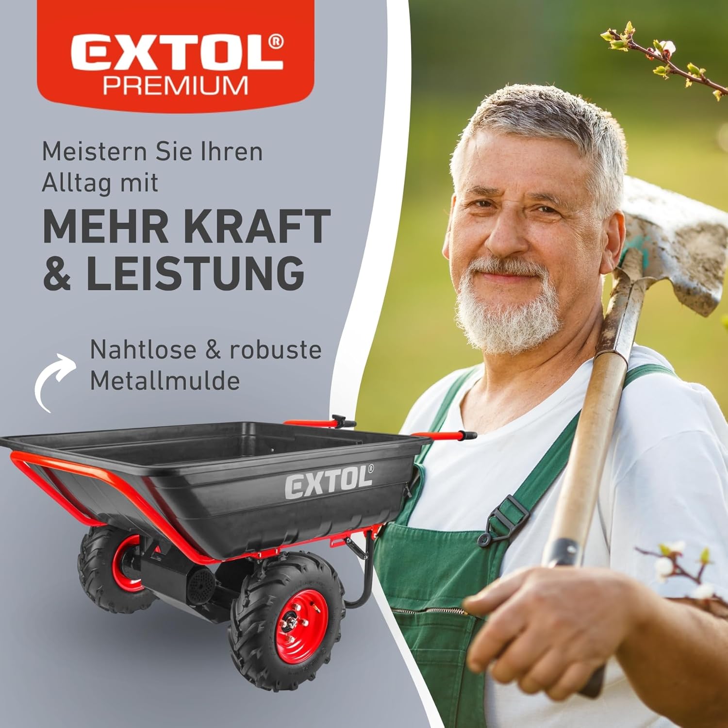 Elektrische Schubkarre mit Akku, 300kg, 300L Mulde, 40V, EXTOL PREMIUM