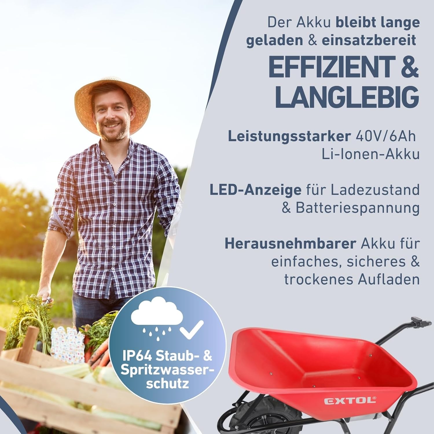 Elektrische Schubkarre mit Akku, 80L Mulde, EXTOL PREMIUM