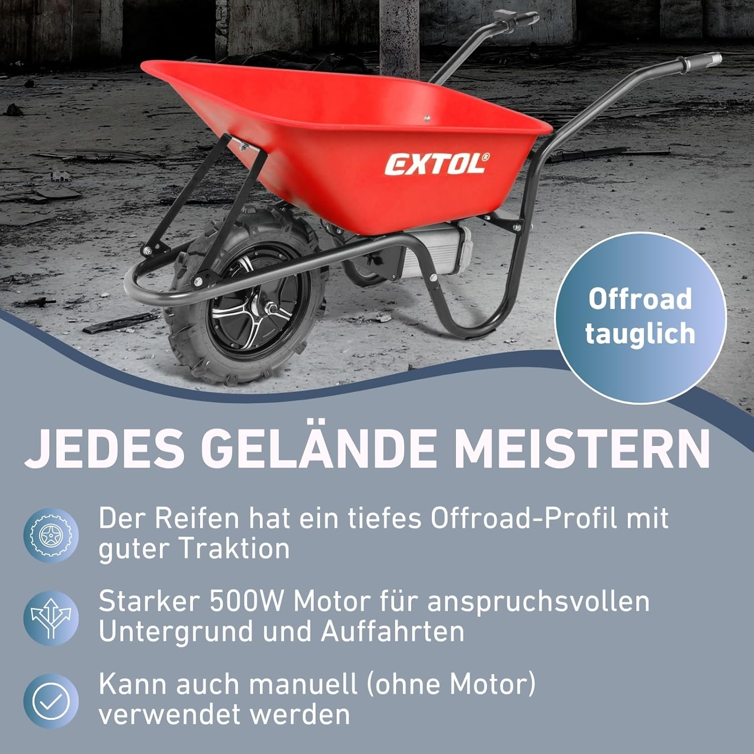 Elektrische Schubkarre mit Akku, 80L Mulde, EXTOL PREMIUM